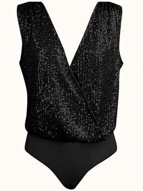 Gilli Black Sequin Wrap Sleeveless Bodysuit